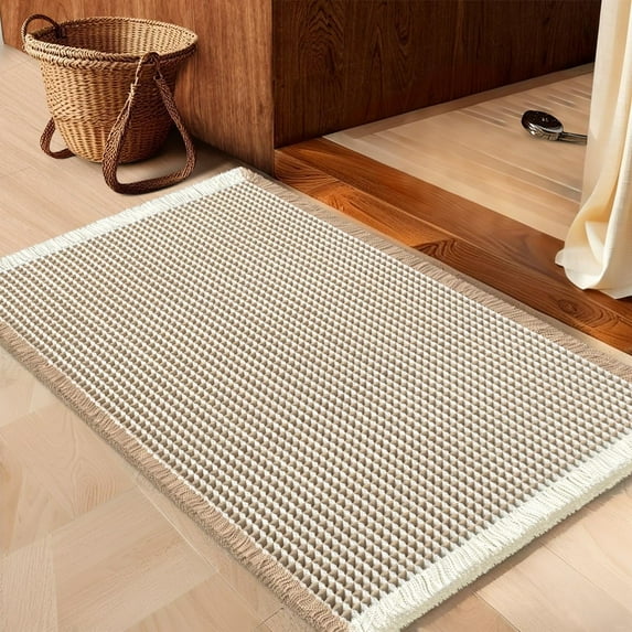 HAKUNA Waffle Bath Mat Brown & Cream 32"x20",Boho Woven Modern Bath Rug Mats, Absorbent Non Slip Bathroom Floor Mat, Soft Washable Bath Rugs with Tassels for Bedroom, Kitchen, Shower, Tub