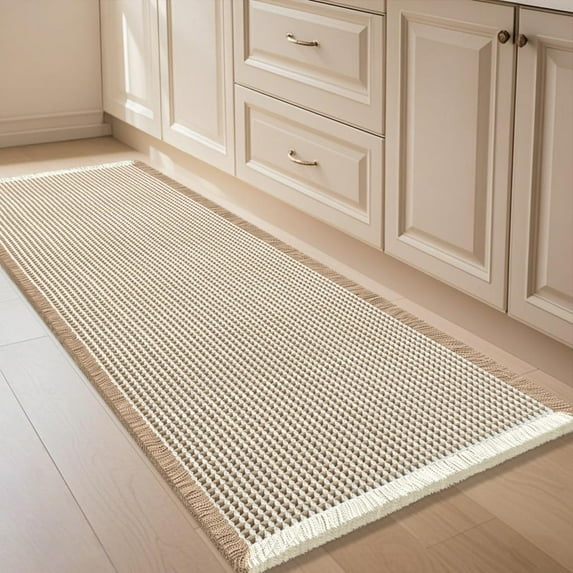 HAKUNA Waffle Bath Mat Brown & Cream 6'x2',Boho Woven Modern Bath Rug Mats, Absorbent Non Slip Bathroom Floor Mat, Soft Washable Bath Rugs with Tassels for Bedroom, Kitchen, Shower, Tub