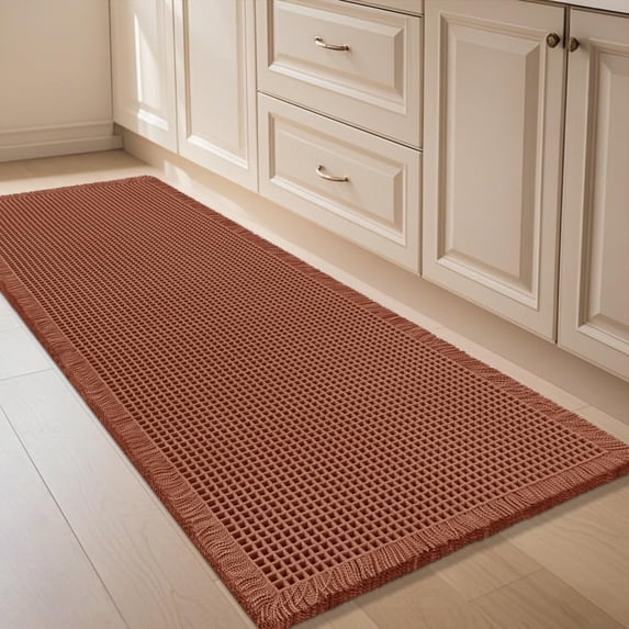 Waffle Bath Mat Dirty Orange 6'x2',Boho Woven Modern Bath Rug Mats, Absorbent Non Slip Bathroom Floor Mat, Soft Washable Bath Rugs with Tassels for Bedroom, Kitchen, Shower, Tub