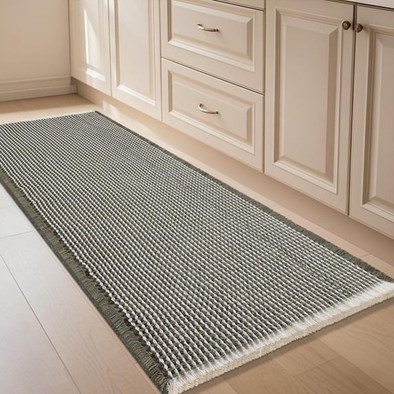 HAKUNA Waffle Bath Mat Green & Cream 4'x2',Boho Woven Modern Bath Rug Mats, Absorbent Non Slip Bathroom Floor Mat, Soft Washable Bath Rugs with Tassels for Bathroom, Bedroom, Kitchen, Shower, Tub