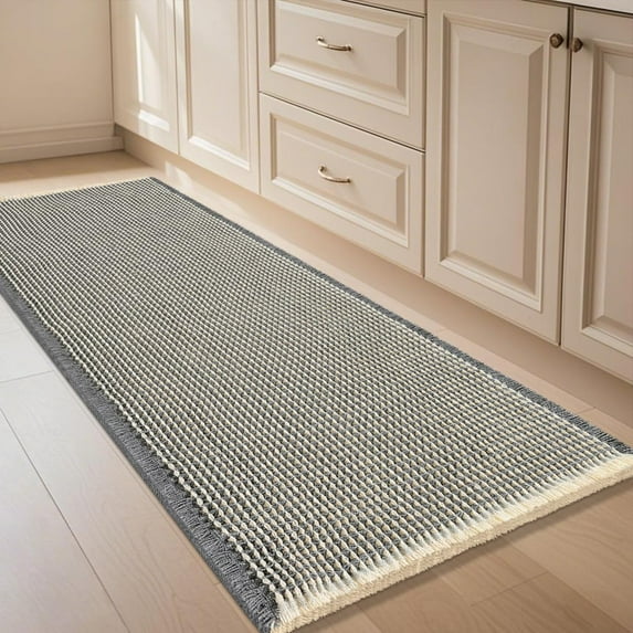 HAKUNA Waffle Bath Mat Grey & Beige 4'x2',Boho Woven Modern Bath Rug Mats, Absorbent Non Slip Bathroom Floor Mat, Soft Washable Bath Rugs with Tassels for Bathroom, Bedroom, Kitchen, Shower, Tub