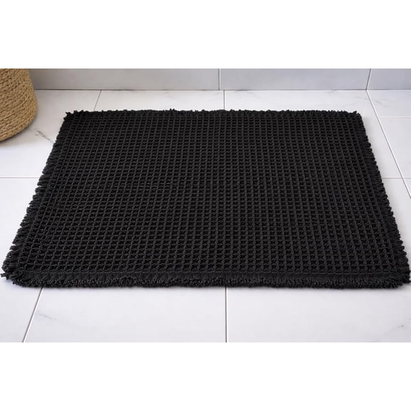 Waffle Bath Mat Non Slip, Super Absorbent Quick Dry Rug, Soft Microfiber Rubber Backed, Machine Washable Low Profile Floor for Shower, Tub, Sink, Boho Farmhouse (Black, 18" X 30")