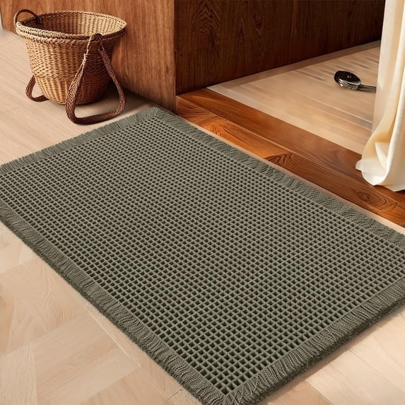 HAKUNA Waffle Bath Mat Olive Green 36"x24", Boho Woven Modern Bath Rug Mats, Absorbent Non Slip Bathroom Floor Mat, Soft Washable Bath Rugs with Tassels for Bathroom, Bedroom, Kitchen, Shower, Tub