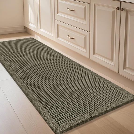 HAKUNA Waffle Bath Mat Olive Green 4'x2',Boho Woven Modern Bath Rug Mats, Absorbent Non Slip Bathroom Floor Mat, Soft Washable Bath Rugs with Tassels for Bathroom, Bedroom, Kitchen, Shower, Tub