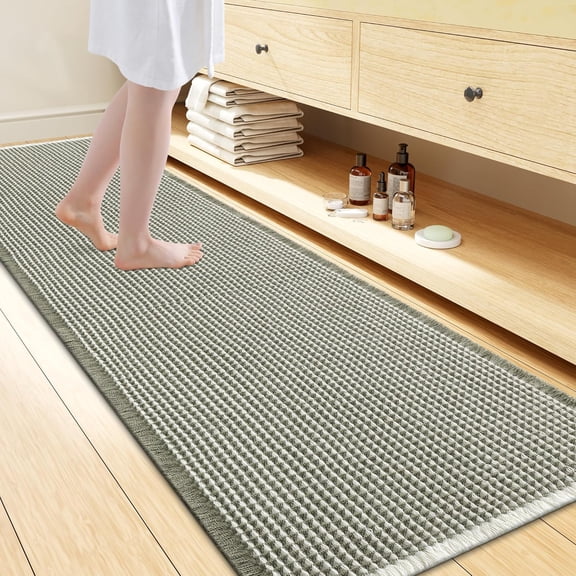 Waffle Bath Mat Rectangular 72 X 24 Inches Extra Soft Absorbent Non Slip Machine Washable Quick Dry Green and Cream