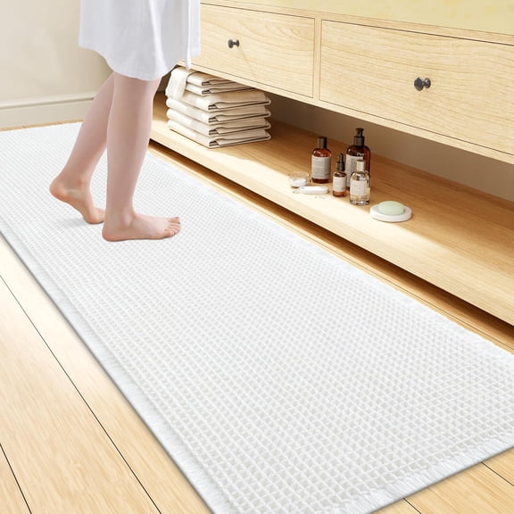 Waffle Bath Mat Rectangular 72 X 24 Inches White Extra Soft Absorbent Non Slip Machine Washable Quick Dry