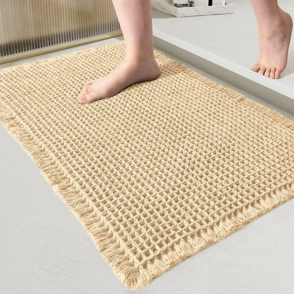 Waffle Bath Mat Rug, Absorbent Non Slip Bath Mats for Bathroom Mat,Machine Washable Bathroom Rugs with Tassels, Bath Rugs for Bathroom Floor Beside Tub, 18" x 30",Beige