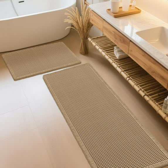 HAKUNA Waffle Bath Mat Set 2 Piece Beige,Woven Modern Bath Rug Mats, Absorbent Non Slip Bath Floor Mat, Soft Washable Boho Bath Rugs with Tassels for Bathroom, Bedroom, Kitchen,Tub