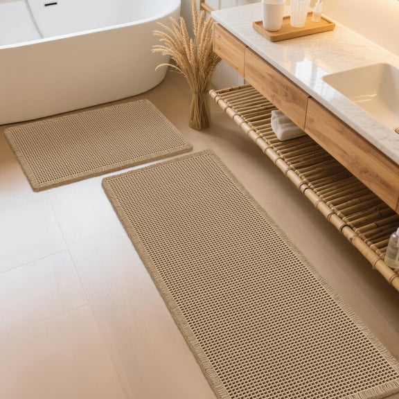 HAKUNA Waffle Bath Mat Set 2 Piece Beige,Woven Modern Bath Rug Mats, Absorbent Non Slip Bath Floor Mat, Soft Washable Boho Bath Rugs with Tassels for Bathroom, Bedroom, Kitchen,Tub
