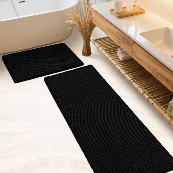 HAKUNA Waffle Bath Mat Set 2 Piece Black,Woven Modern Bath Rug Mats, Absorbent Non Slip Bath Floor Mat, Soft Washable Boho Bath Rugs with Tassels for Bathroom, Bedroom, Kitchen,Tub