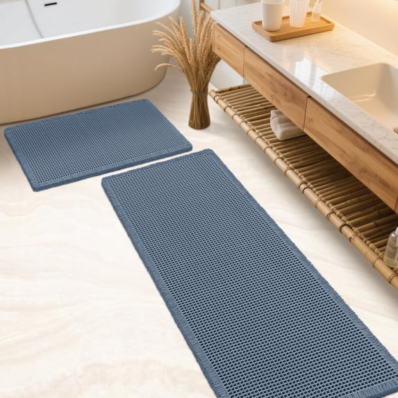 HAKUNA Waffle Bath Mat Set 2 Piece Blue,Woven Modern Bath Rug Mats, Absorbent Non Slip Bath Floor Mat, Soft Washable Boho Bath Rugs with Tassels for Bathroom, Bedroom, Kitchen,Tub