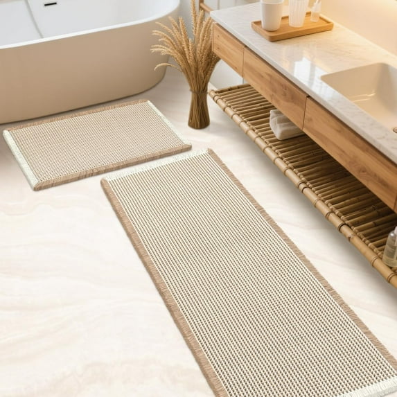 HAKUNA Waffle Bath Mat Set 2 Piece Brown & Cream,Woven Modern Bath Rug Mats, Absorbent Non Slip Bath Floor Mat, Soft Washable Boho Bath Rugs with Tassels for Bathroom, Bedroom, Kitchen,Tub