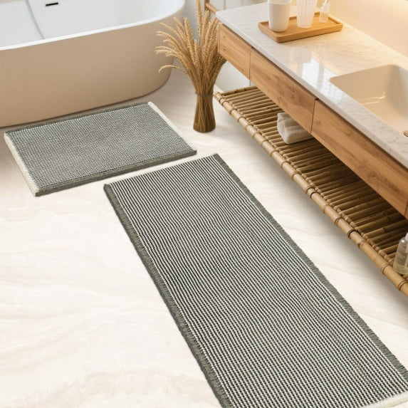HAKUNA Waffle Bath Mat Set 2 Piece Green & Cream,Woven Modern Bath Rug Mats, Absorbent Non Slip Bath Floor Mat, Soft Washable Boho Bath Rugs with Tassels for Bathroom, Bedroom, Kitchen,Tub