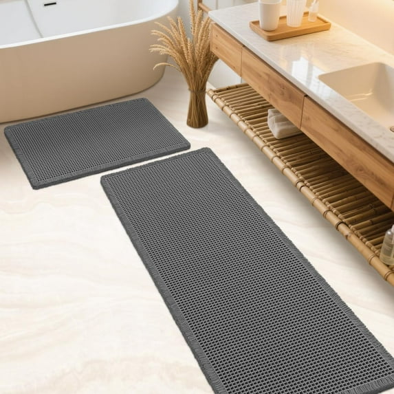 HAKUNA Waffle Bath Mat Set 2 Piece Grey,Woven Modern Bath Rug Mats, Absorbent Non Slip Bath Floor Mat, Soft Washable Boho Bath Rugs with Tassels for Bathroom, Bedroom, Kitchen,Tub