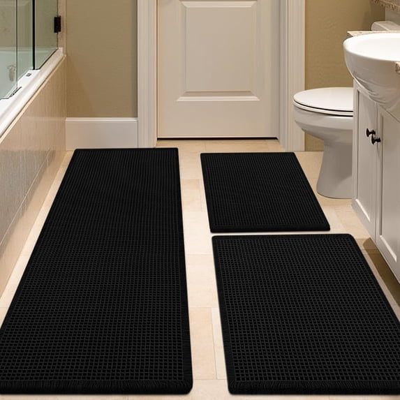 HAKUNA Waffle Bath Mat Set 3 Piece Black,Woven Modern Bath Rug Mats, Absorbent Non Slip Bath Floor Mat, Soft Washable Boho Bath Rugs with Tassels for Bathroom, Bedroom, Kitchen,Tub