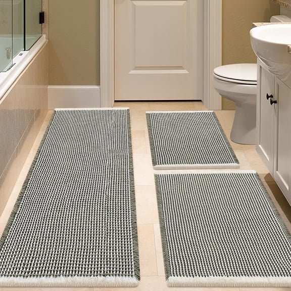 HAKUNA Waffle Bath Mat Set 3 Piece Green & Cream,Woven Modern Bath Rug Mats, Absorbent Non Slip Bath Floor Mat, Soft Washable Boho Bath Rugs with Tassels for Bathroom, Bedroom, Kitchen,Tub