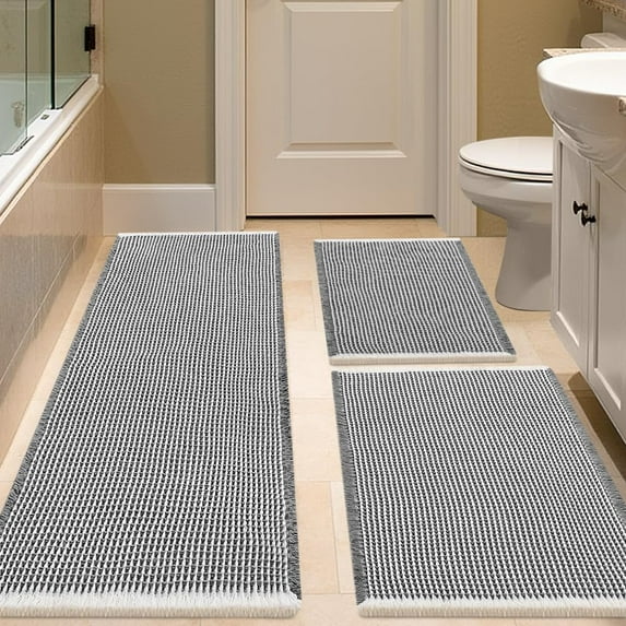 HAKUNA Waffle Bath Mat Set 3 Piece Grey & Beige,Woven Modern Bath Rug Mats, Absorbent Non Slip Bath Floor Mat, Soft Washable Boho Bath Rugs with Tassels for Bathroom, Bedroom, Kitchen,Tub