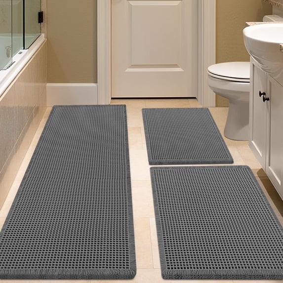HAKUNA Waffle Bath Mat Set 3 Piece Grey,Woven Modern Bath Rug Mats, Absorbent Non Slip Bath Floor Mat, Soft Washable Boho Bath Rugs with Tassels for Bathroom, Bedroom, Kitchen,Tub