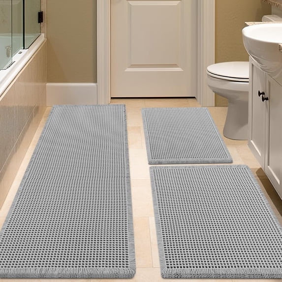 HAKUNA Waffle Bath Mat Set 3 Piece Light Grey,Woven Modern Bath Rug Mats, Absorbent Non Slip Bath Floor Mat, Soft Washable Boho Bath Rugs with Tassels for Bathroom, Bedroom, Kitchen,Tub