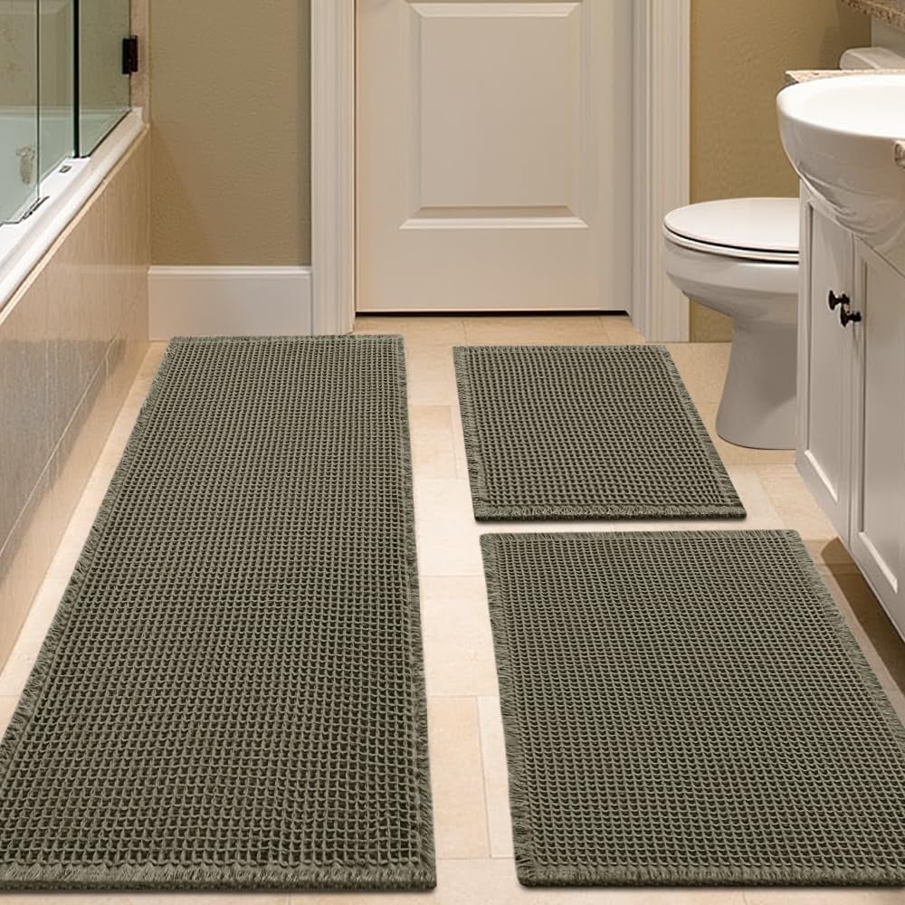 Mat For Rugs Waffle Bath Mat Set 3 Piece Oliver Green,Woven Modern Bath Rug Mats ...