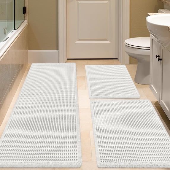 HAKUNA Waffle Bath Mat Set 3 Piece White,Woven Modern Bath Rug Mats, Absorbent Non Slip Bath Floor Mat, Soft Washable Boho Bath Rugs with Tassels for Bathroom, Bedroom, Kitchen,Tub