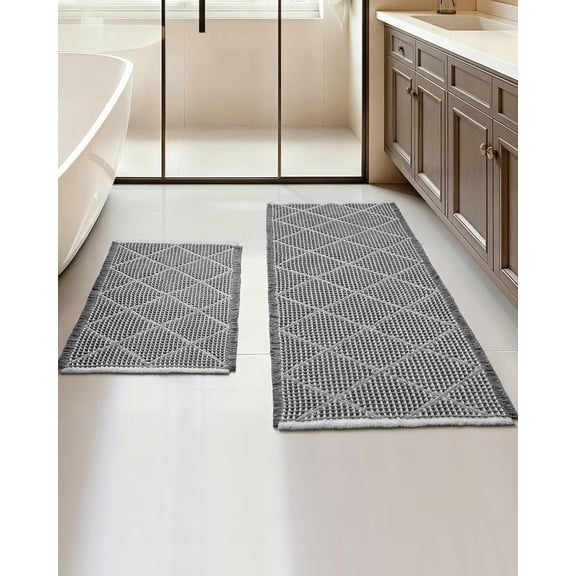 Waffle Bath Mat Set, Non Slip Bathroom Rugs Sets 2 count, Ultra Absorbent Bathroom Runner Rug for Boho Bath Room Decor, Machine Washable Boho Mats, Grey & Light Grey, 20"x47" Plus 18"x30"