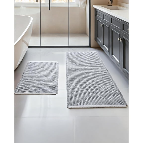 Waffle Bath Mat Set, Non Slip Bathroom Rugs Sets 2 count, Ultra Absorbent Long Bath Rug Runner for Bathroom Decor, Machine Washable Boho Mats, Grey & White, 20"x47" Plus 18"x30"