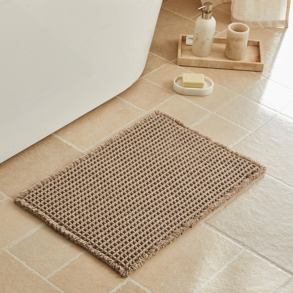 Waffle Bath Mat, Small Boho Bathroom Rugs Non Slip Washable, Ultra Soft Super Absorbent Quick Dry Farmhouse Bathroom Decor, 16" x 24", Khaki
