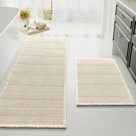 Waffle Bath Mat Super Absorbent Bathroom Mats Non Slip Bath Rugs for Bathroom Floor Machine Washable Ultra Soft Bathroom Rugs for Beside Tub, (32 x 20 Plus 24 x 60 - Inches, Ivory)