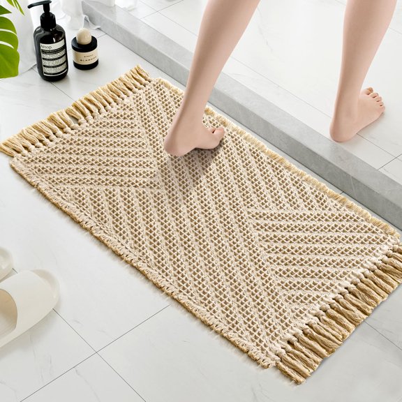 Waffle Bath Mat Super Absorbent Boho Bath Mat Non Slip Bath Rugs for Bathroom Floor Machine Washable Dry Fast Bathroom Rugs with Handmade Tassels, 17" x 24", Sage