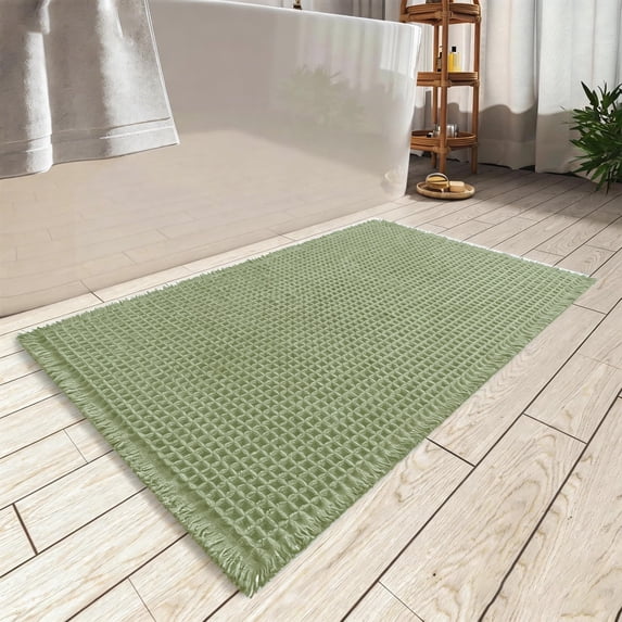 Waffle Bath Mat, Super Absorbent Non Slip Bath Mats for Bathroom Floor, Washable Bathroom Rugs with Tassels, ultra Soft,Green 20" x 32"