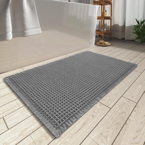 Waffle Bath Mat, Super Absorbent Non Slip Bath Mats for Bathroom Floor, Washable Bathroom Rugs with Tassels, ultra Soft,Gray 24" x 71"