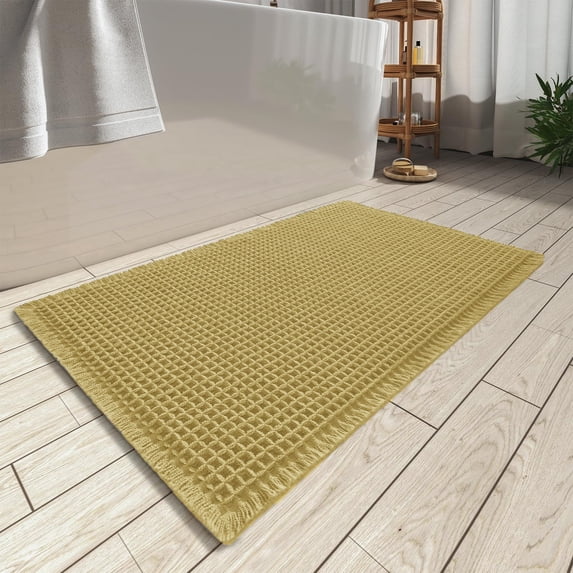 Waffle Bath Mat, Super Absorbent Non Slip Bath Mats for Bathroom Floor, Washable Bathroom Rugs with Tassels, ultra Soft,Yellow 16" x 24"