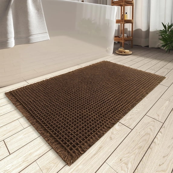 Waffle Bath Mat, Super Absorbent Non Slip Bath Mats for Bathroom Floor, Washable Bathroom Rugs with Tassels, ultra Soft,Brown 24" x 36"