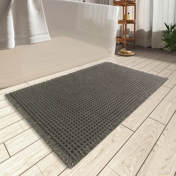 Waffle Bath Mat, Super Absorbent Non Slip Bath Mats for Bathroom Floor, Washable Bathroom Rugs with Tassels, ultra Soft,Olive Green 16" x 24"