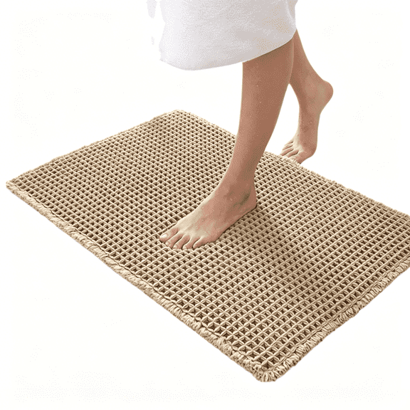 Waffle Bath Mat - Super Absorbent Non-Slip Bathroom Rug with Tassels, Machine Washable, 18" x 30" Brown