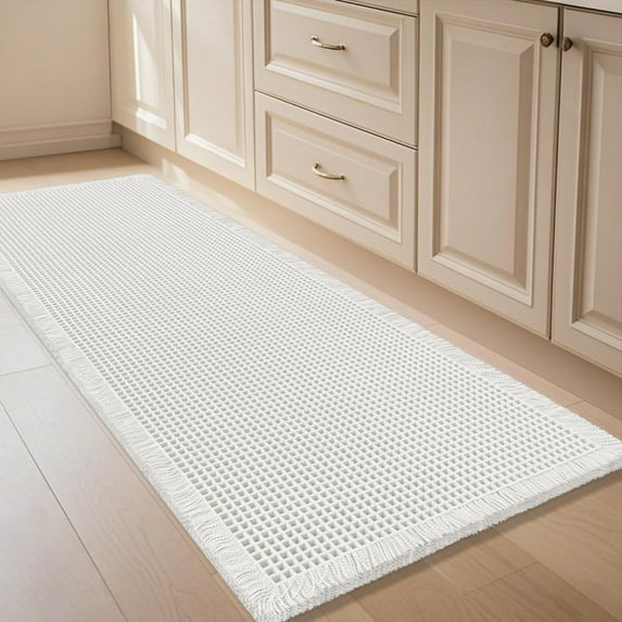 HAKUNA Waffle Bath Mat White 6'x2', Boho Woven Modern Bath Rug Mats, Absorbent Non Slip Bathroom Floor Mat, Soft Washable Bath Rugs with Tassels for Bathroom, Bedroom, Kitchen, Shower, Tub