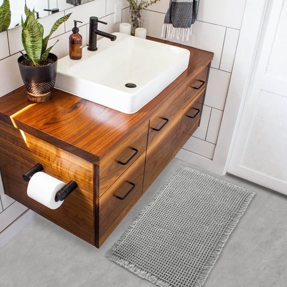 Waffle Bath Mat with Tassels,Absorbent Non Slip Bathroom Rug,Machine Washable Ultra Soft Floor Mats,Gray 24"*36"