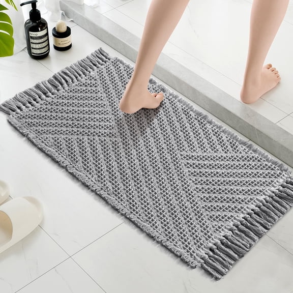 Waffle Bath Runner Rug Long Bath Mat Super Absorbent Boho Bath Rugs Non Slip Bath Runner for Bathroom Floor Machine Washable Dry Fast Bathroom Rugs with Tassels, 24" x 72", Dove