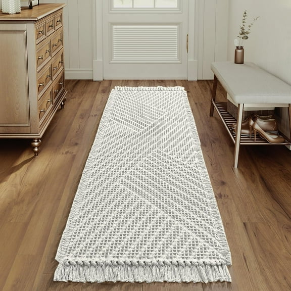 Waffle Bath Runner Rug Long Bath Mat Super Absorbent Boho Bath Rugs Non Slip Bath Runner for Bathroom Floor Machine Washable Dry Fast Bathroom Rugs with Tassels, 24" x 72", Ivory White