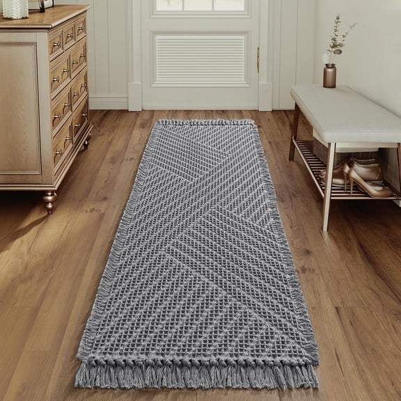 Waffle Bath Runner Rug Long Bath Mat Super Absorbent Boho Bath Rugs Non Slip Bath Runner for Bathroom Floor Machine Washable Dry Fast Bathroom Rugs with Tassels, 24" x 72", Dove