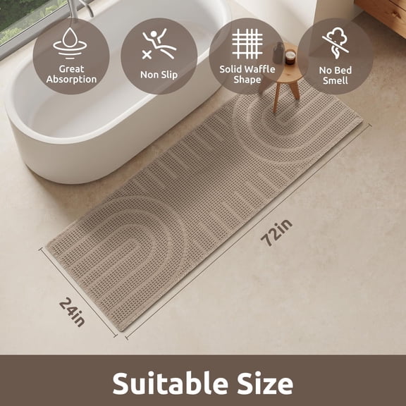 Waffle Bath Runner Rug, Super Absorbent Bath Mats for Bathroom, Non Silp Machine Washable Bathroom Mat, Soft Long Bathroom Rugs with Tassels Front of Bathtub, Sink, Brown 24"x72"