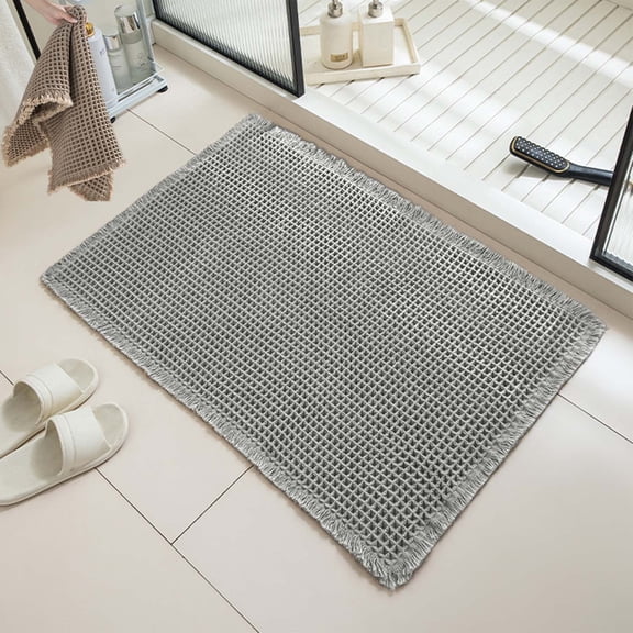 Waffle Bath Runner, Upgraded Waffle Runner Rug, Non Slip Washable Drying Boho Bathroom Bath Mat with Tassels for Hallway Shower Entry Farmhouse Home Decor, Double-Sided Use (Light gray, 17*24in)