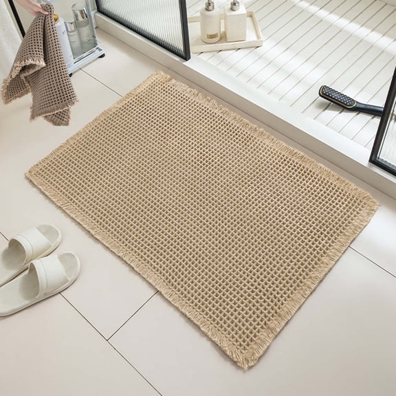 Waffle Bath Runner, Upgraded Waffle Runner Rug, Non Slip Washable Drying Boho Bathroom Bath Mat with Tassels for Hallway Shower Entry Farmhouse Home Decor, Double-Sided Use (Beige, 24*36in)