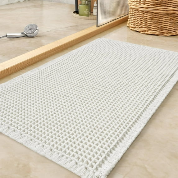 Waffle Bathroom Rug,Absorbent Non Slip Bath Mats for Bathroom Machine Washable Bathroom Runner Rug with Tassels, Ideal for Hallway Bedroom Laundry Room,24X36"