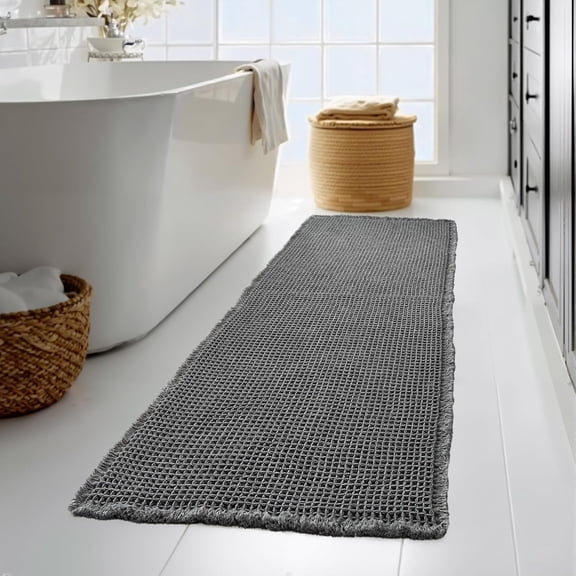 Waffle Bathroom Rug, Large Super Absorbent Non Slip Washable Bathroom Rugs Decor, Boho Quick Dry Rubber Backed Bath Mat for Shower Toilet Hallway Hotel, Grey, 24" W X 72" L 1pc