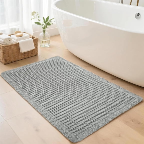 Waffle Bathroom Rugs, Super Absorbent Boho Bath Mats, Non-Slip Shower Mats for Bathroom Floor and Tub, Ultra Soft Waffle Weave Runner Mat, Quick Dry, Light Grey, 24x36 Inch