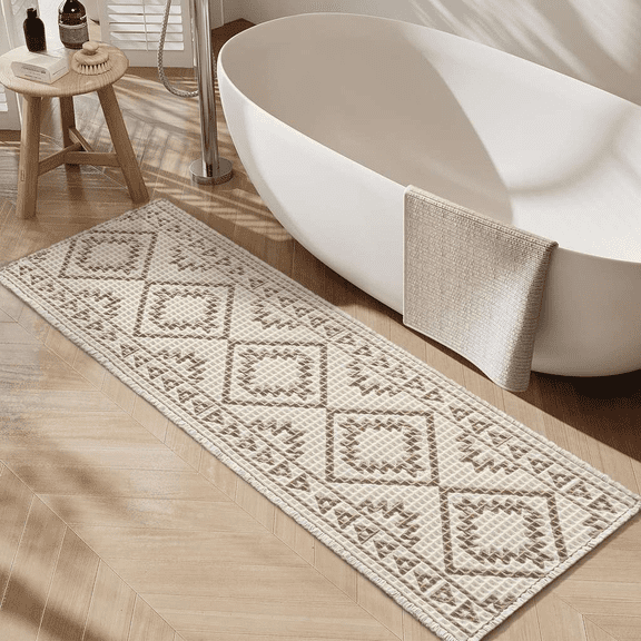 Waffle Bathroom Runner 24 Inch x 72 Inch Super Absorbent Non Slip Bath Mat with Tassels Cream and Brown