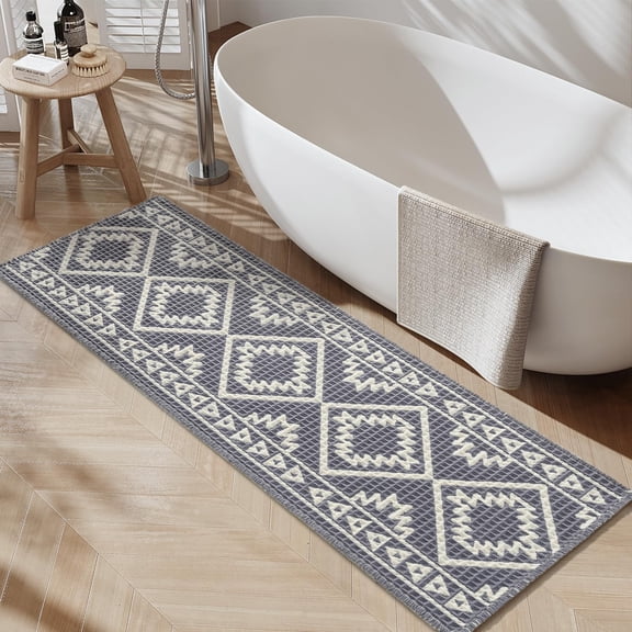 Waffle Bathroom Runner 24 Inch x 72 Inch Super Absorbent Non Slip Bath Mat with Tassels Grey and Cream