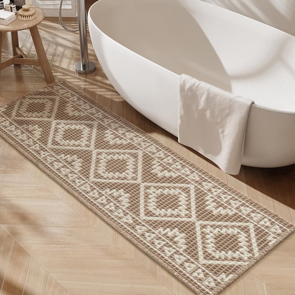 Waffle Bathroom Runner 24 Inch x 72 Inch Super Absorbent Non Slip Bath Mat with Tassels Soft Machine Washable Rug Brown and Cream
